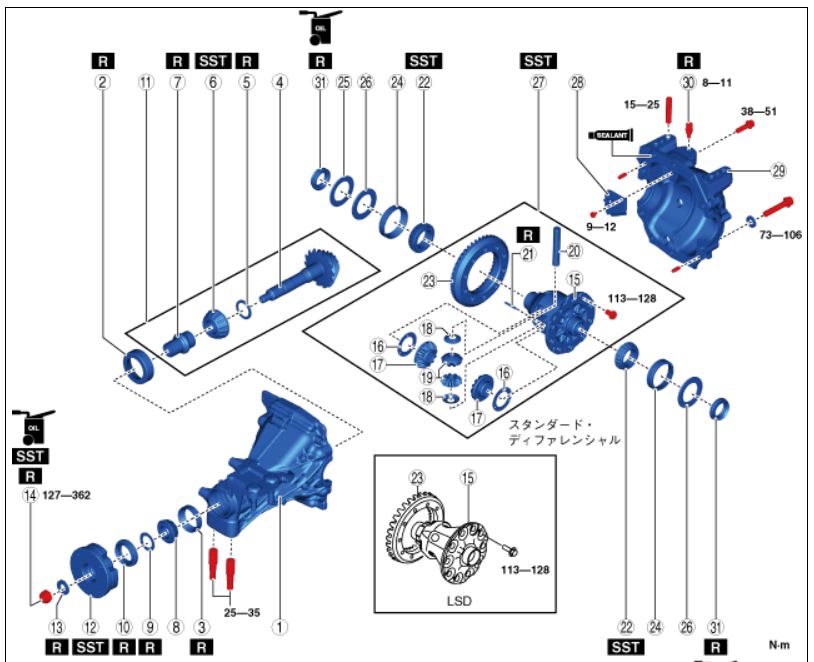 デフキャリアの締め付けトルク確認