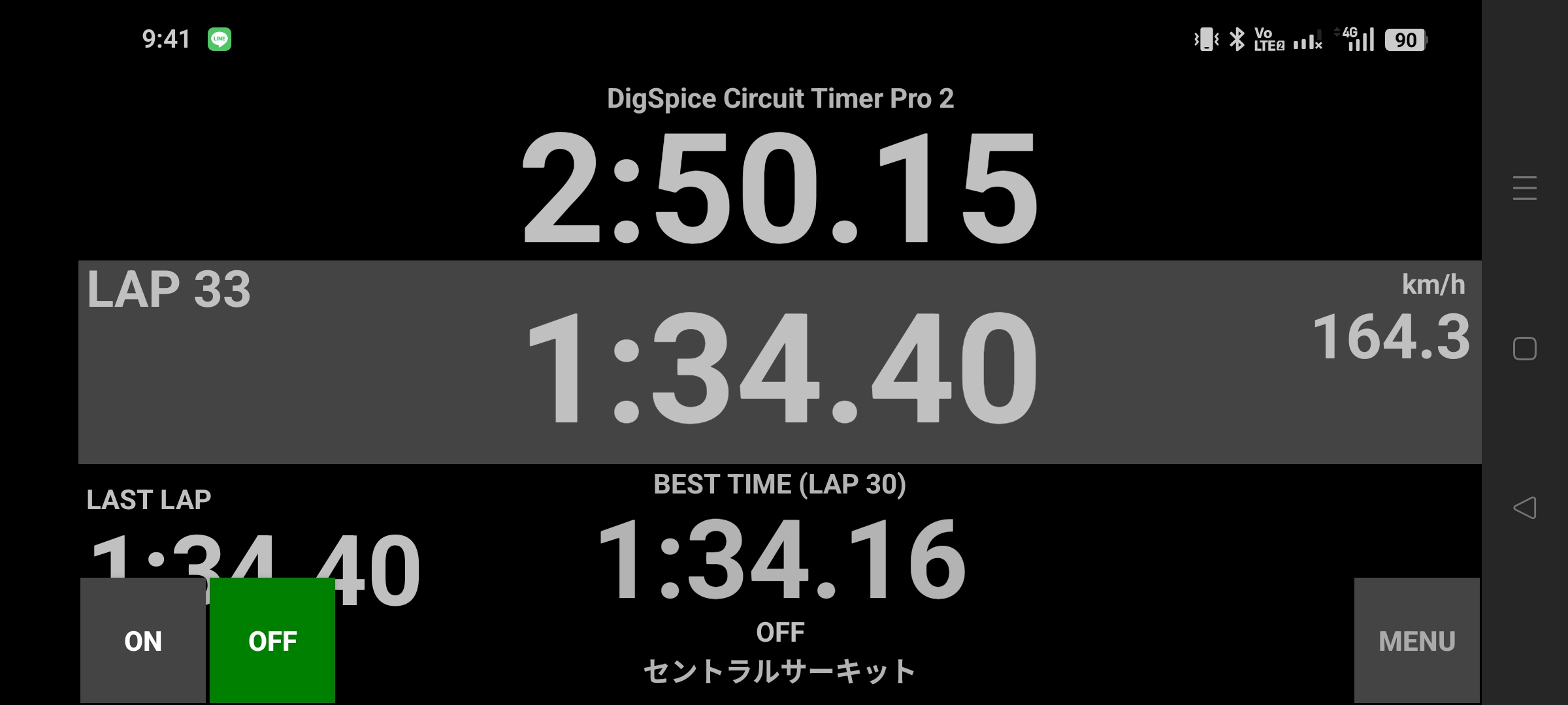 デジスパイスがセントラルサーキットのベストタイム1分34秒16を表示している画面