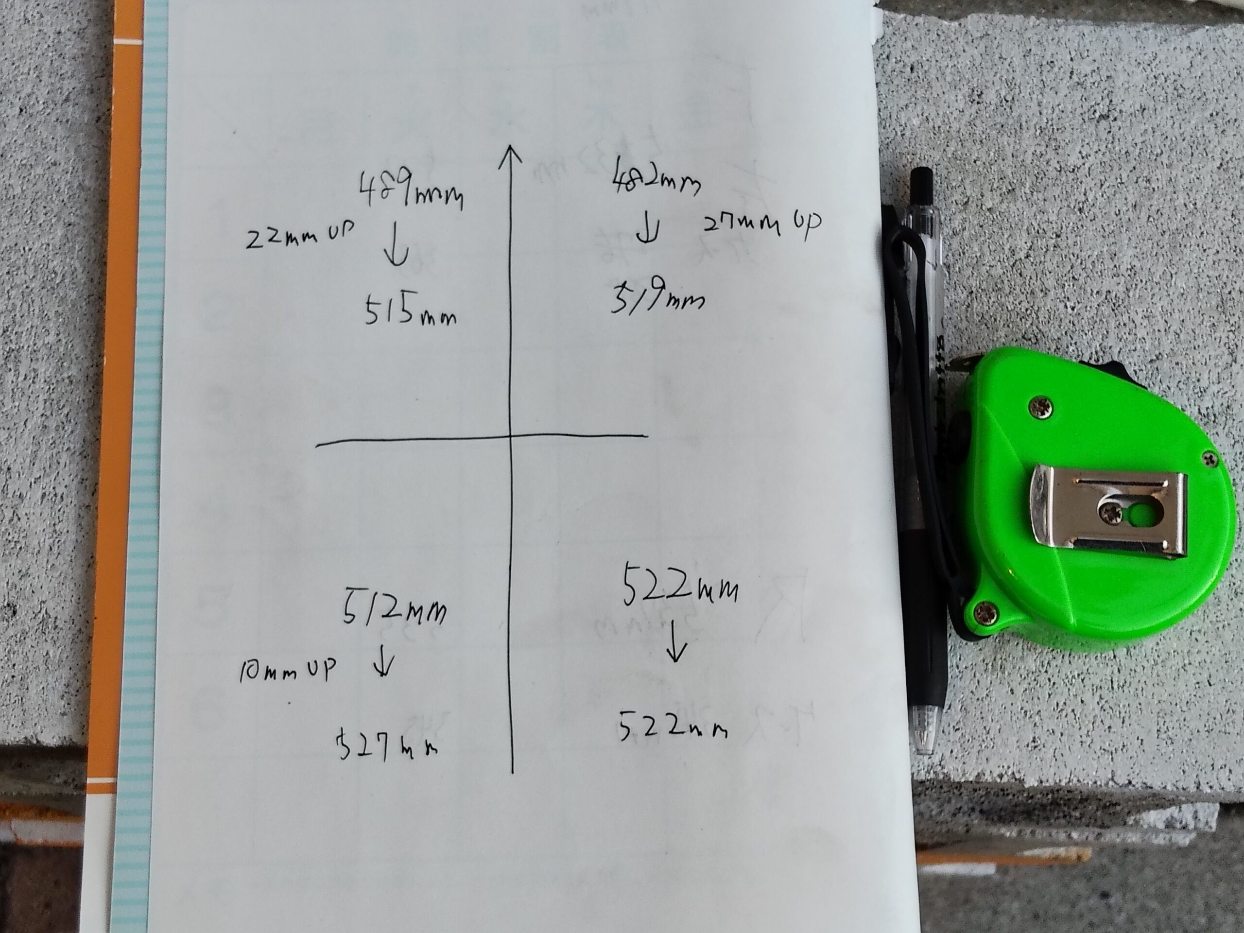 ND5ロードスター4輪の車高調整前後を手書きで記録したメモ