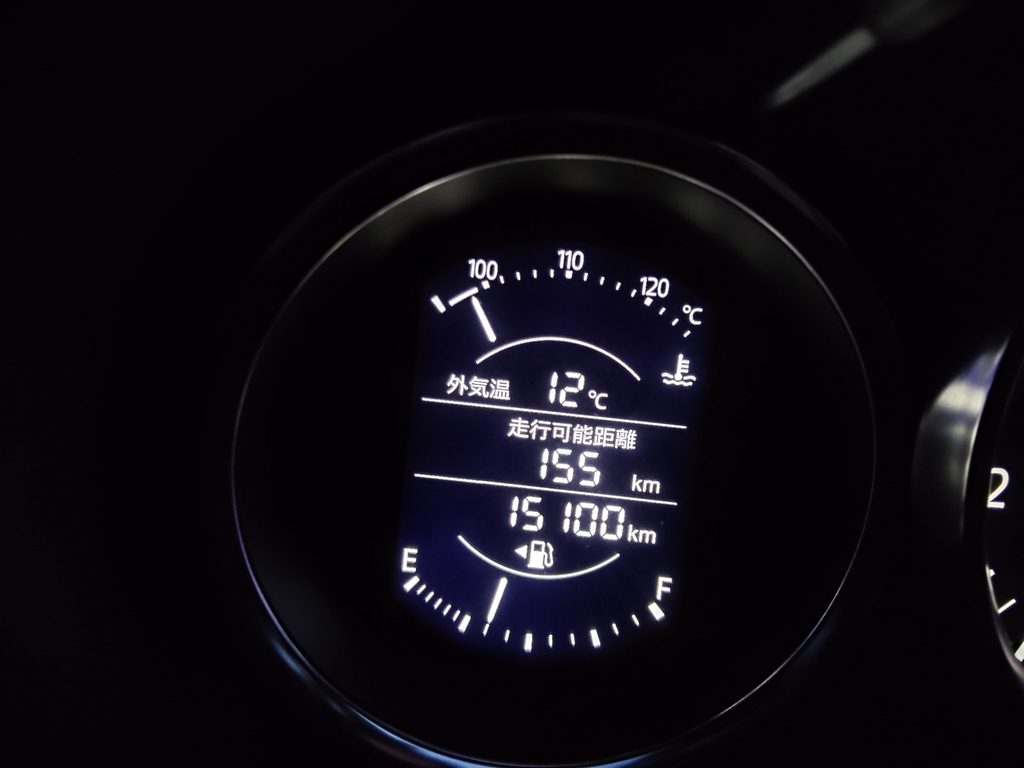 TSタカタサーキット到着時のND5ロードスターのメーターと外気温12度の表示